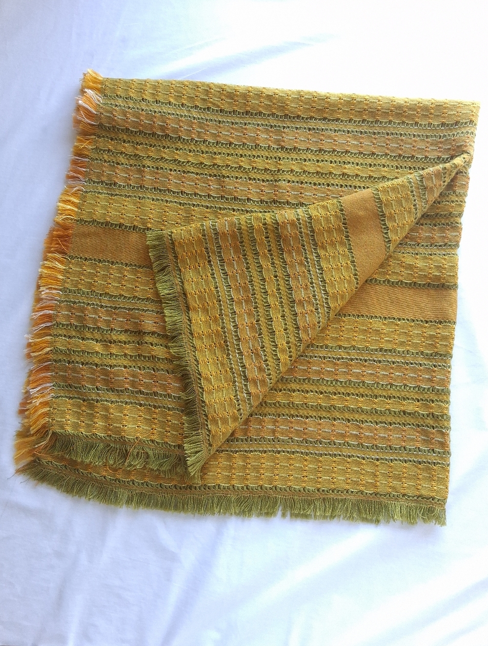 Vintage Tablecloth or Throw Woven Fringed Green Yellow & Orange Square retro 70s